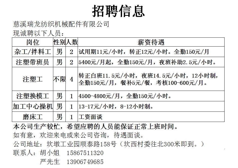 黄岩冲床招工最新招聘信息